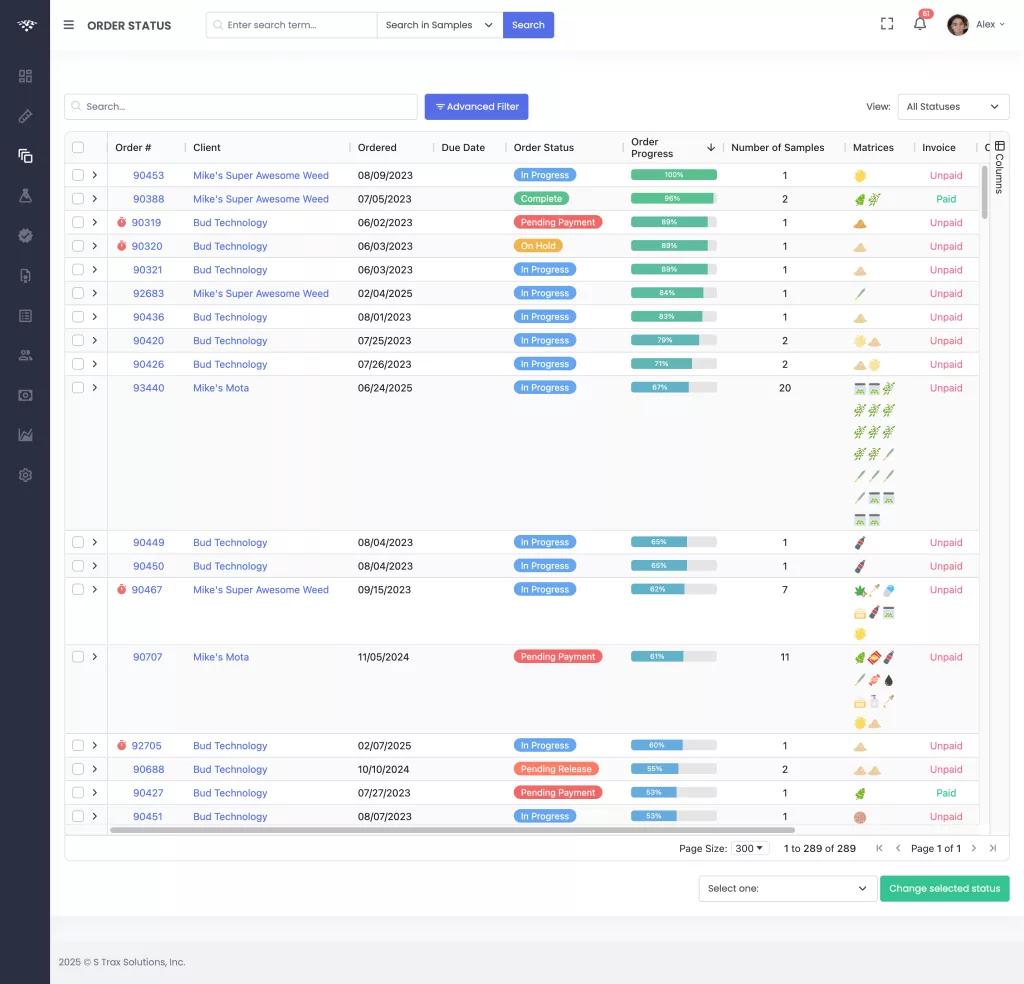 Cannabis Lims Order Status page