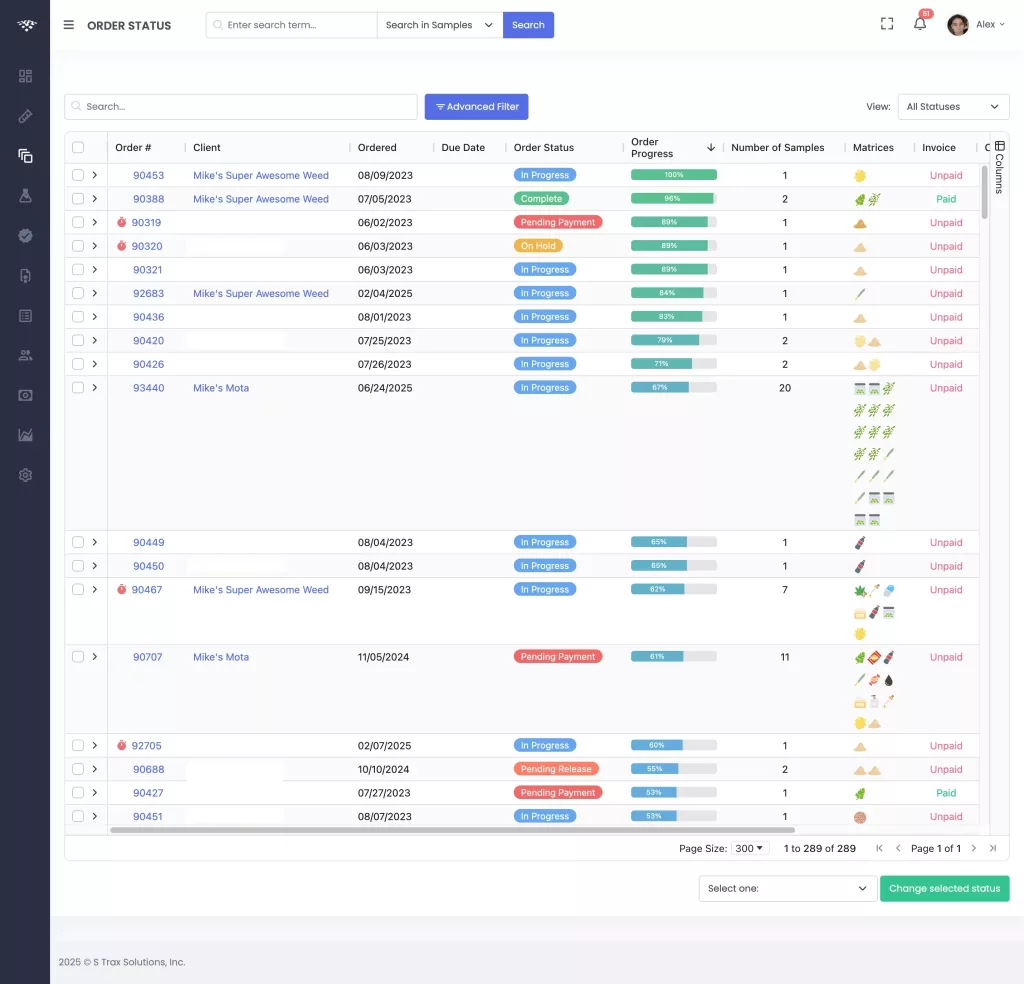 Cannabis Lims Order Status page