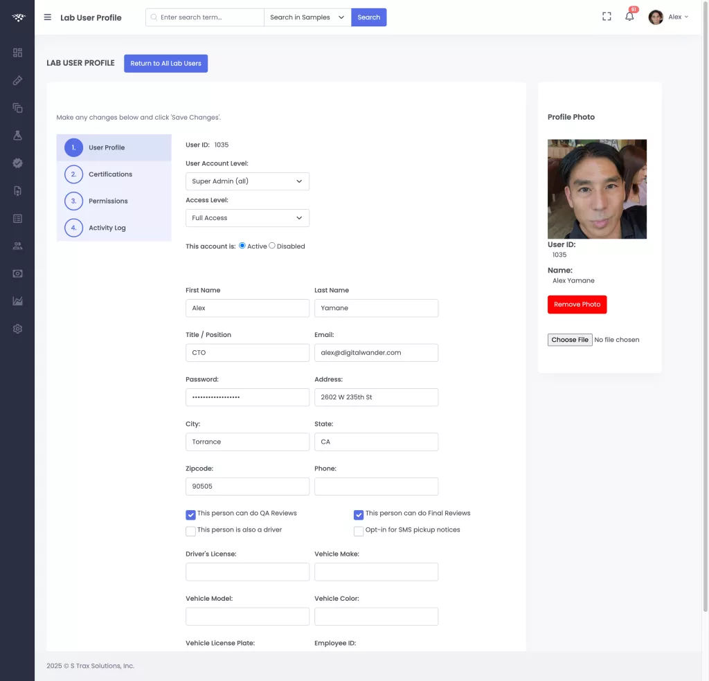 Cannabis LIMS User Management Details page