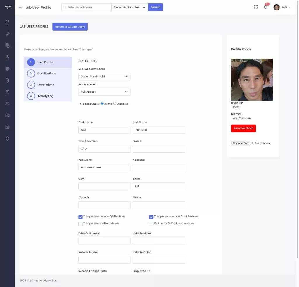 Cannabis LIMS User Management Details page