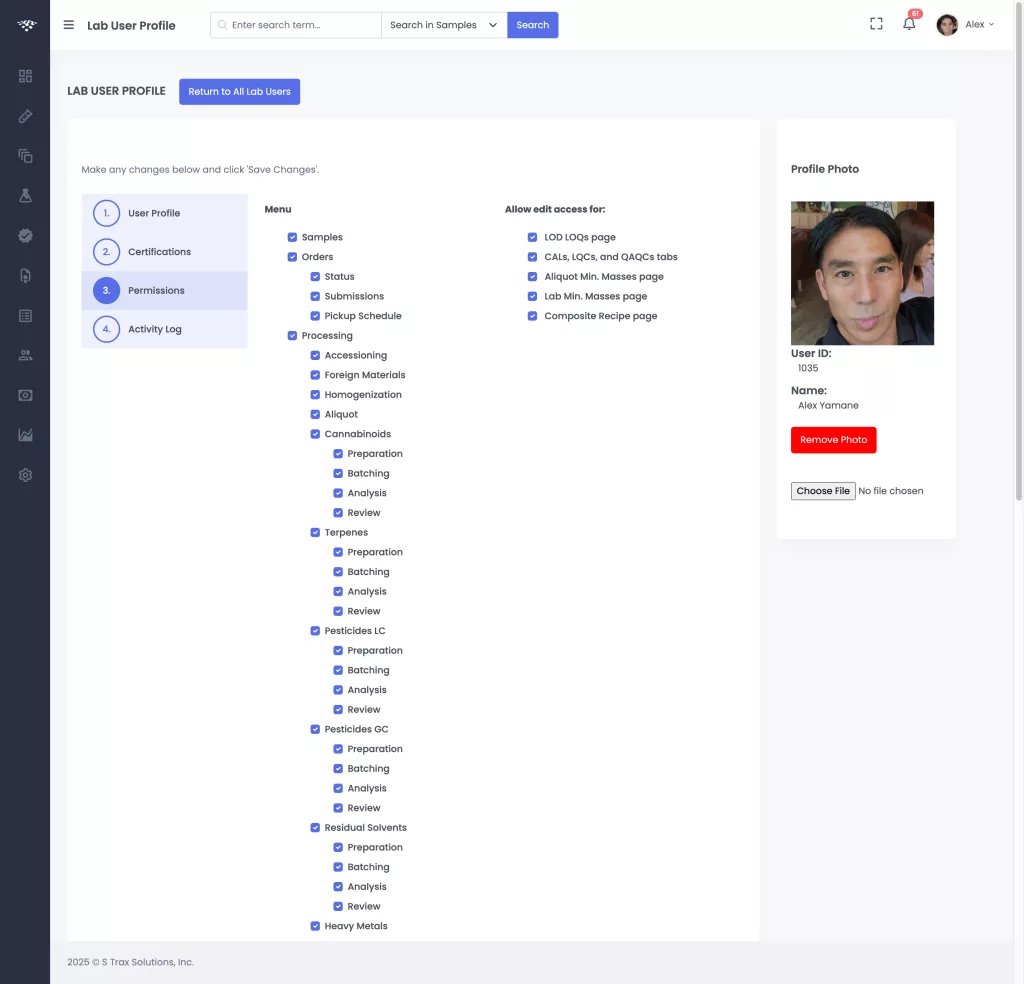 Cannabis LIMS Lab User Permissions tab