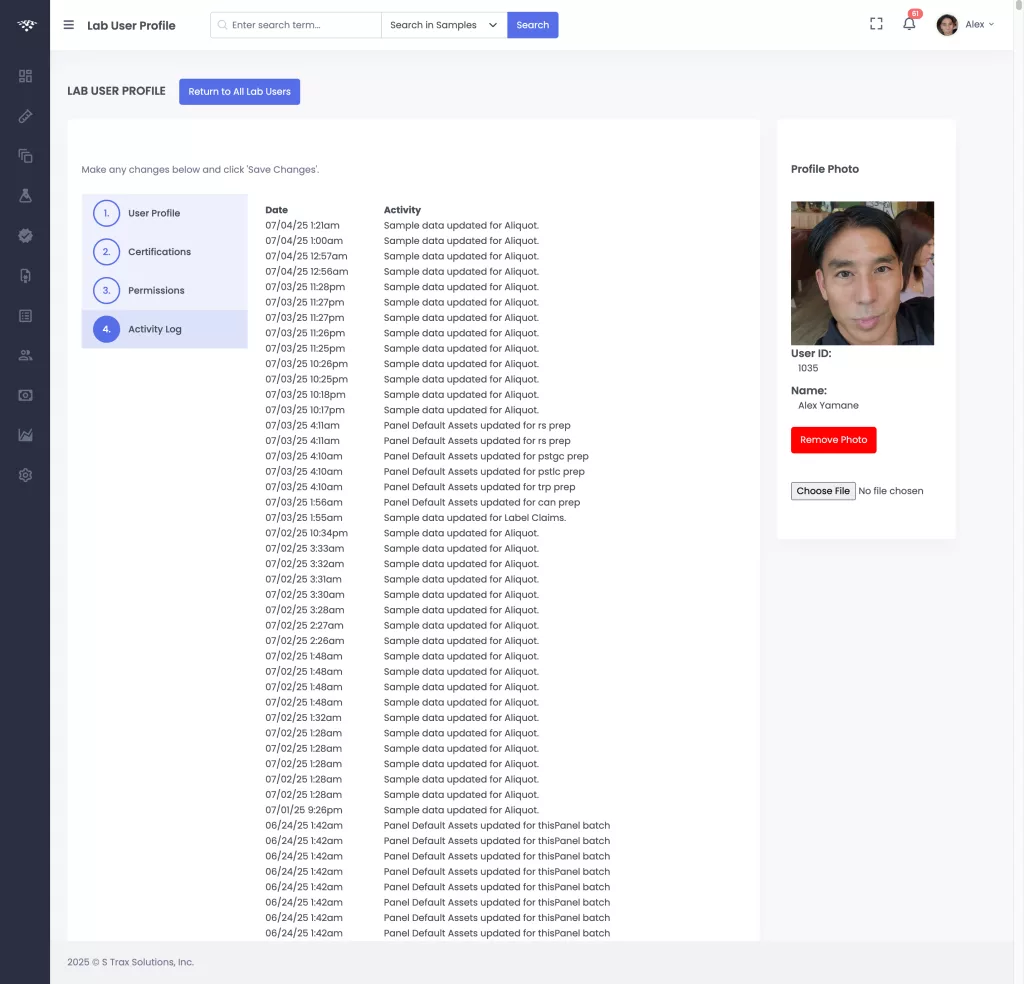Cannabis LIMS Lab User Activity Log tab