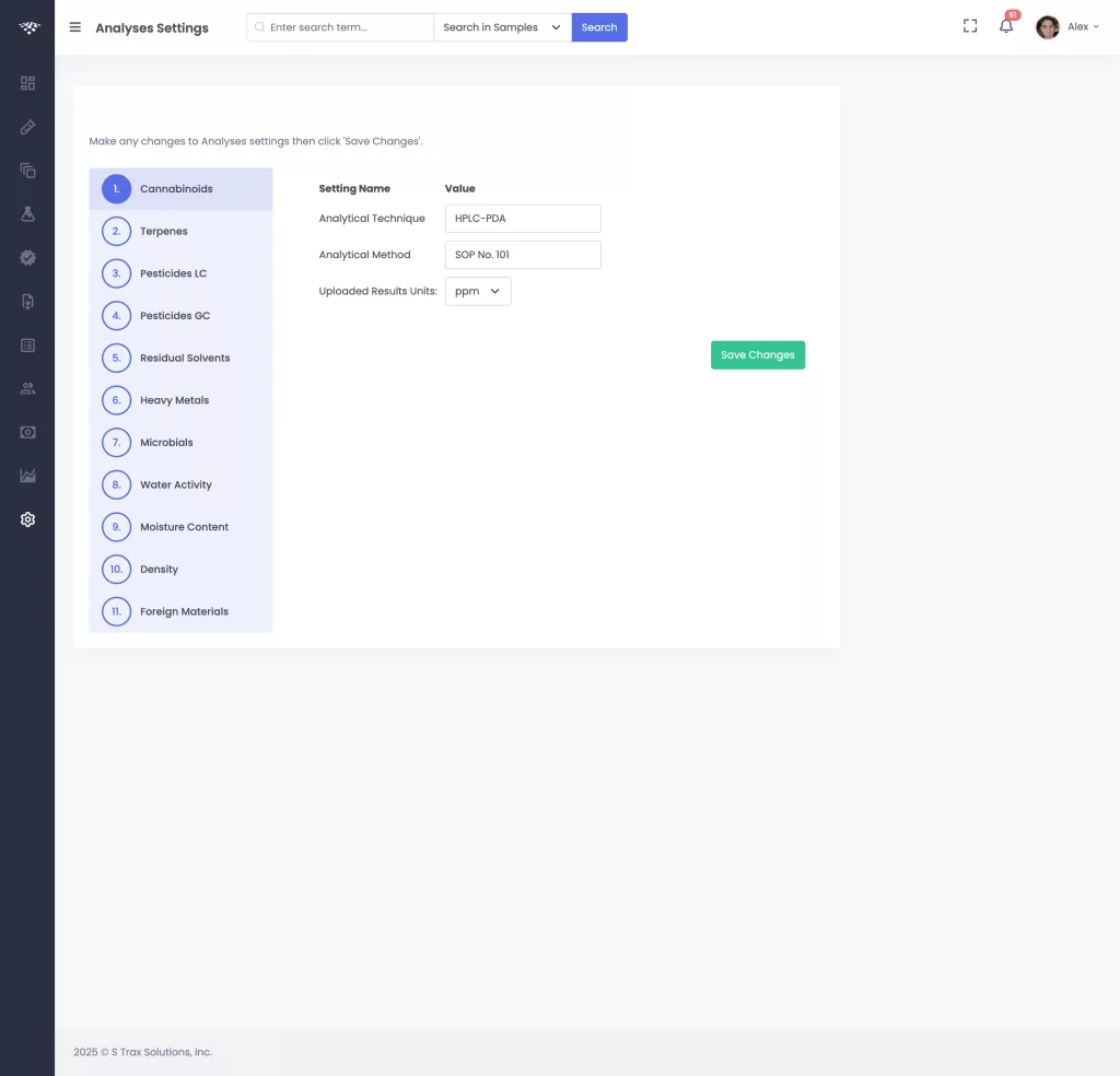 Cannabis LIMS Analyses Settings page