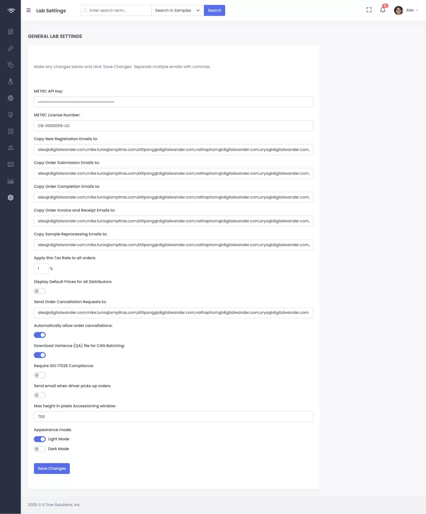 Cannabis LIMS Lab Settings page